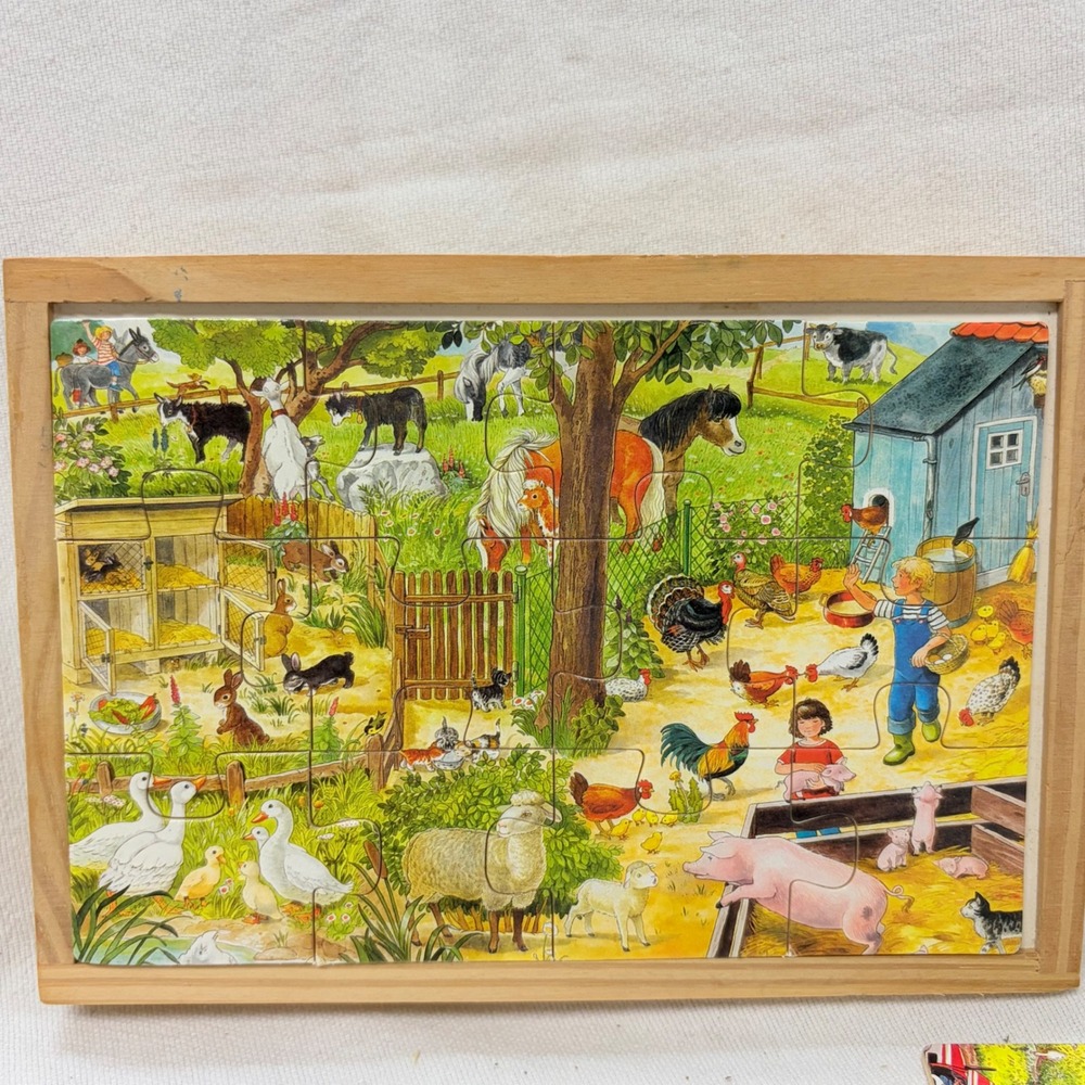 Vintage Wooden Farm Jigsaw Puzzle Set 4 Puzzles in Wood Tray Box Color Coded - Picture 8 of 9
